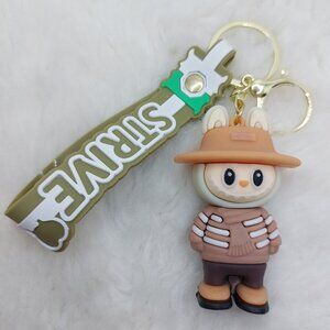 2/$25 Labubu blue with hat and scarf keychain with strap "Strive!"